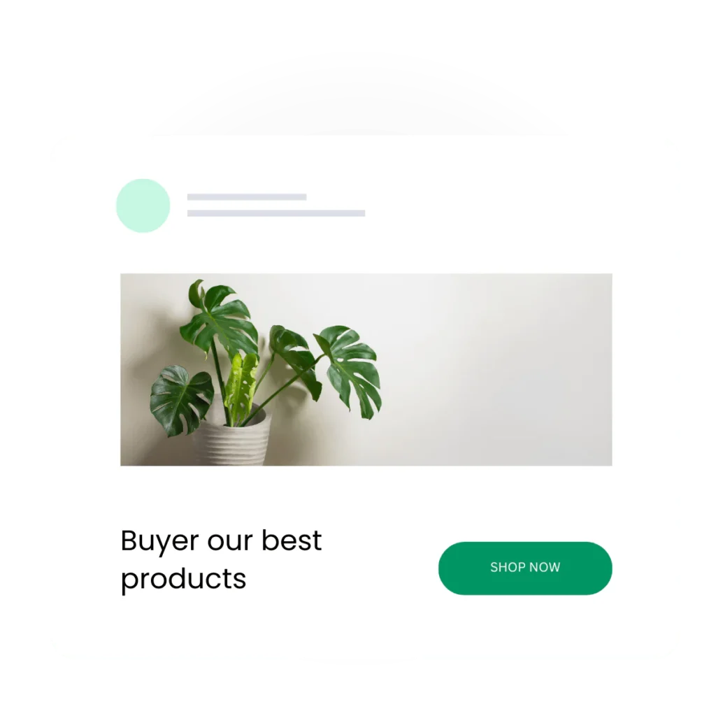 "A minimalist UI card with rounded corners, against a light background. It features a circular profile avatar, grey text lines, a prominent image of a green potted plant, a headline reading 'Buyer our best products', and a green 'SHOP NOW' button."